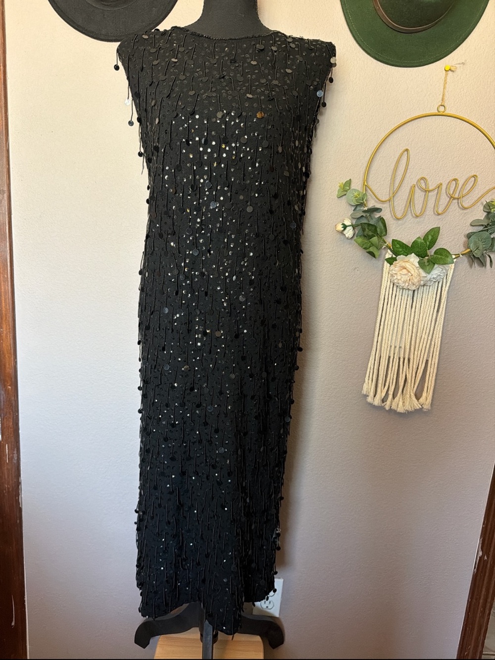 Vintage Custom Made Black Sequin Fringe Evening Dress